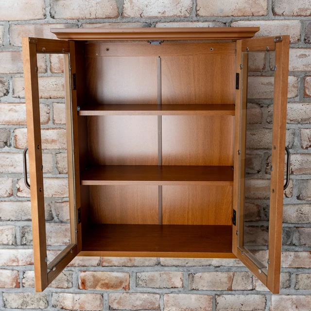 Alt view image 4 of 7 - Avery Wooden Over The Toilet Bathroom Removable Wall Medicine Cabinet with 2 Adjustable Shelves 3 Storage Spaces 2 Glass-Paneled Doors and Antique Brass Knobs, Oiled Oak