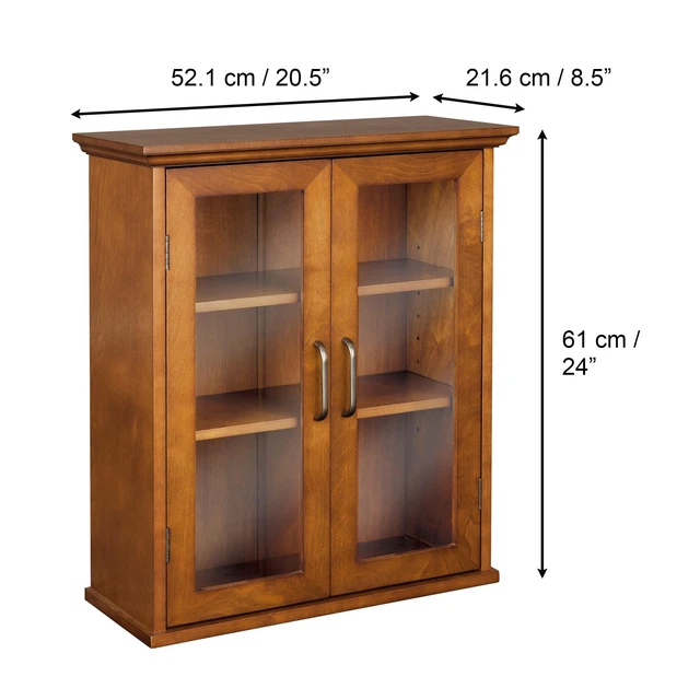 Alt view image 6 of 7 - Avery Wooden Over The Toilet Bathroom Removable Wall Medicine Cabinet with 2 Adjustable Shelves 3 Storage Spaces 2 Glass-Paneled Doors and Antique Brass Knobs, Oiled Oak