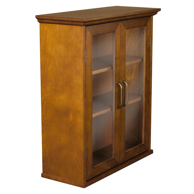 Alt view image 7 of 7 - Avery Wooden Over The Toilet Bathroom Removable Wall Medicine Cabinet with 2 Adjustable Shelves 3 Storage Spaces 2 Glass-Paneled Doors and Antique Brass Knobs, Oiled Oak