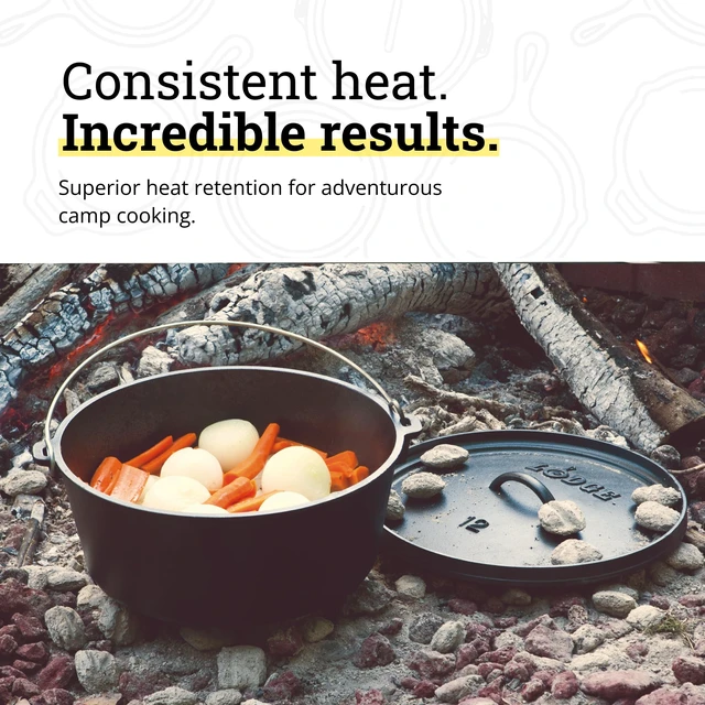 Alt view image 3 of 6 - Pre-Seasoned Cast Iron Deep Camp Dutch Oven with Lid, 8 Quart | Dual Handles & Steel Handle with Strong Lid for Heavy-Duty Camping Cookware, Outdoor Use & Campfire Cooking