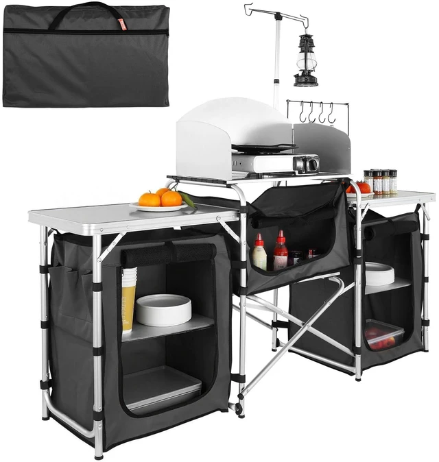 Main image of Camping Kitchen Table, Folding Outdoor Cooking Table with Storage Carrying Bag, Aluminum Cook Station 3 Cupboard & Detachable Windscreen, Quick Set-up for Picnics, BBQ, RV Traveling, Black