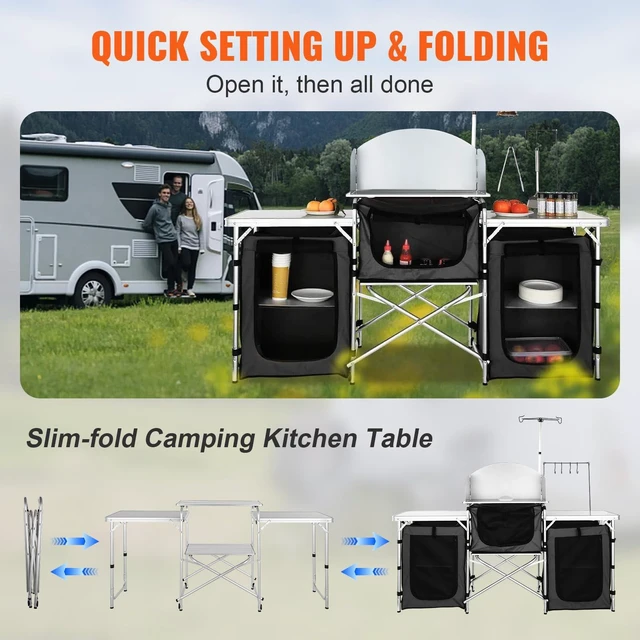 Alt view image 2 of 7 - Camping Kitchen Table, Folding Outdoor Cooking Table with Storage Carrying Bag, Aluminum Cook Station 3 Cupboard & Detachable Windscreen, Quick Set-up for Picnics, BBQ, RV Traveling, Black