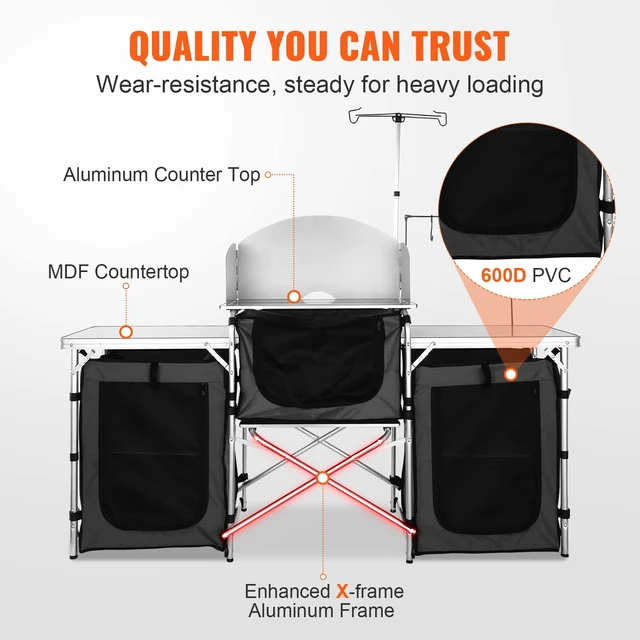 Alt view image 4 of 7 - Camping Kitchen Table, Folding Outdoor Cooking Table with Storage Carrying Bag, Aluminum Cook Station 3 Cupboard & Detachable Windscreen, Quick Set-up for Picnics, BBQ, RV Traveling, Black