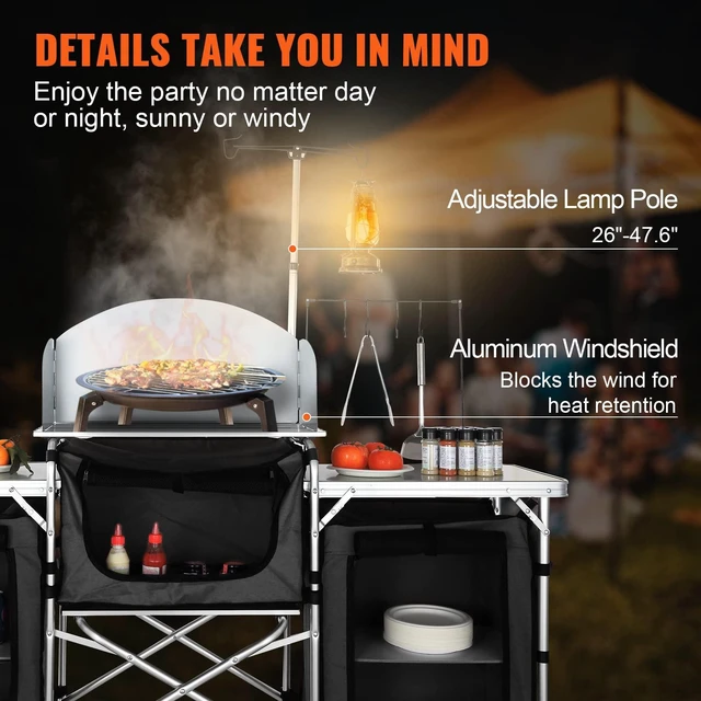 Alt view image 5 of 7 - Camping Kitchen Table, Folding Outdoor Cooking Table with Storage Carrying Bag, Aluminum Cook Station 3 Cupboard & Detachable Windscreen, Quick Set-up for Picnics, BBQ, RV Traveling, Black