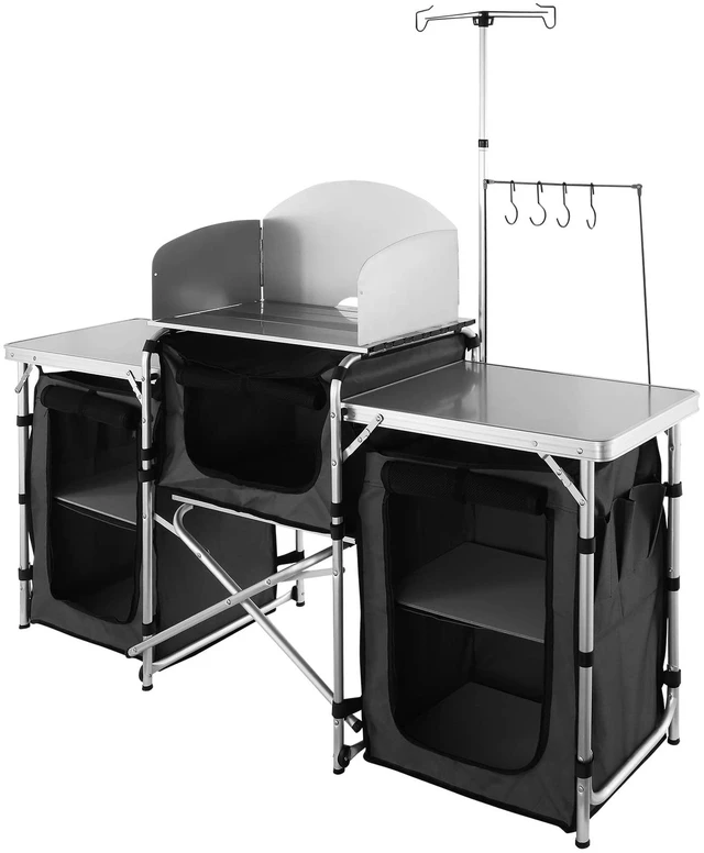 Alt view image 3 of 7 - Camping Kitchen Table, Folding Outdoor Cooking Table with Storage Carrying Bag, Aluminum Cook Station 3 Cupboard & Detachable Windscreen, Quick Set-up for Picnics, BBQ, RV Traveling, Black