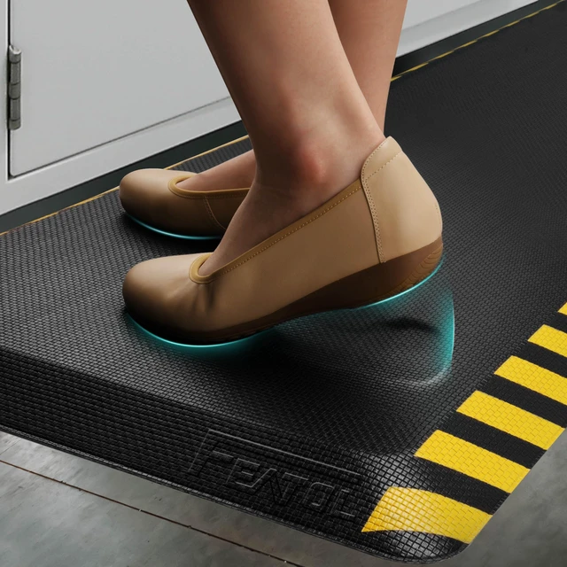 Alt view image 4 of 7 - 0.9" Anti Fatigue Mat for Industrial & Standing Mat & Home Kitchen | Memory Foam Eases Leg & Back Pain on Concrete; Standing Desk, Garage; Non-Slip, Easy Clean (Yellow Border, 24" x 70", 1PC)