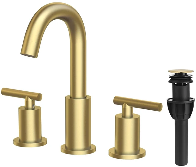 Main image of Brushed Gold Bathroom Faucet 3 Hole 8 Inch Widespread, Swivel Spout | Heavy-Duty Brass Construction, Includes Overflow Drain & cUPC Supply Lines, fits 3-Hole 612" Vanity Sinks, Easy to Install