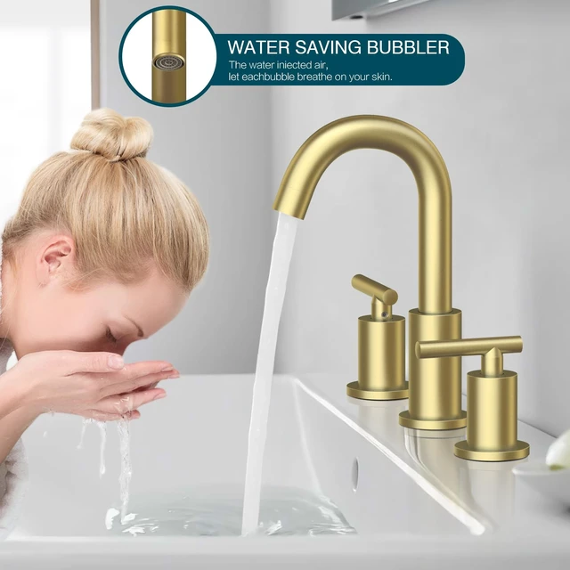 Alt view image 2 of 7 - Brushed Gold Bathroom Faucet 3 Hole 8 Inch Widespread, Swivel Spout | Heavy-Duty Brass Construction, Includes Overflow Drain & cUPC Supply Lines, fits 3-Hole 612" Vanity Sinks, Easy to Install