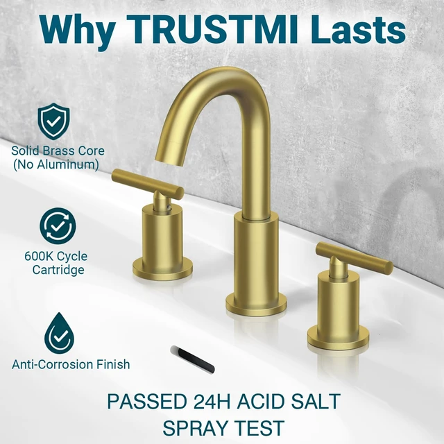 Alt view image 3 of 7 - Brushed Gold Bathroom Faucet 3 Hole 8 Inch Widespread, Swivel Spout | Heavy-Duty Brass Construction, Includes Overflow Drain & cUPC Supply Lines, fits 3-Hole 612" Vanity Sinks, Easy to Install