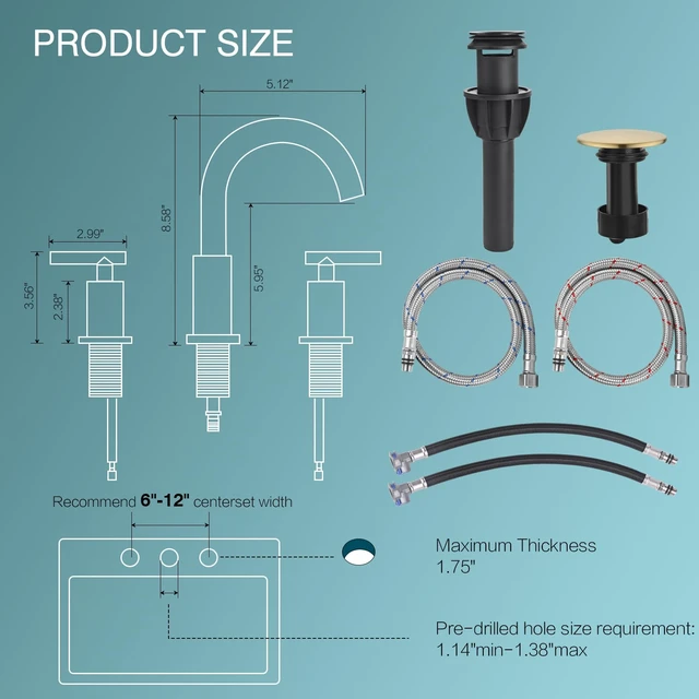 Alt view image 5 of 7 - Brushed Gold Bathroom Faucet 3 Hole 8 Inch Widespread, Swivel Spout | Heavy-Duty Brass Construction, Includes Overflow Drain & cUPC Supply Lines, fits 3-Hole 612" Vanity Sinks, Easy to Install