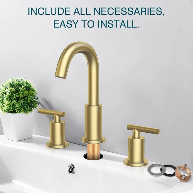 Alt view image 7 of 7 - Brushed Gold Bathroom Faucet 3 Hole 8 Inch Widespread, Swivel Spout | Heavy-Duty Brass Construction, Includes Overflow Drain & cUPC Supply Lines, fits 3-Hole 612" Vanity Sinks, Easy to Install