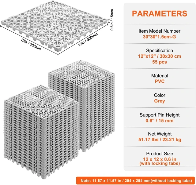 Alt view image 6 of 7 - Interlocking Tile 55PCS, Drainage Tiles 12" x 12" Splicing, Soft PVC Interlocking Drainage Floor Tiles, Non-Slip Drainage Holes for Restroom, Bathroom, Kitchen, Pool, Wet Areas, Grey