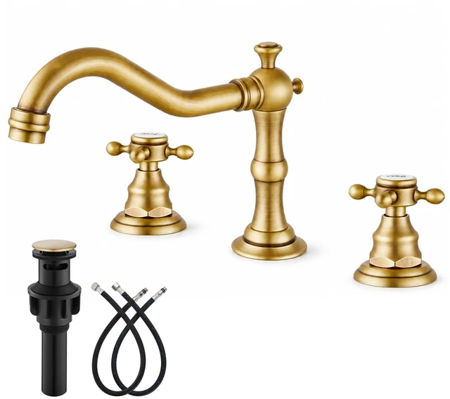 Main image of Bathroom Faucet 3 Hole Vintage, Antique Brass, Hot Cold Label | Widespread Bathroom Sink Faucet 8 Inch 2 Cross Handles,Pop Up Drain,cUPC Supply Line,4-15.7 Install,for Vanity Farmhouse RV