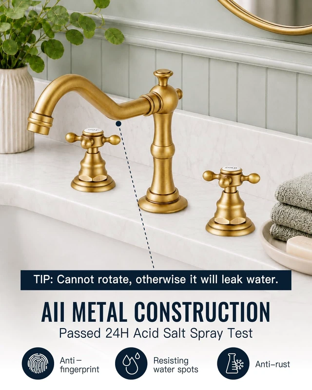 Alt view image 2 of 7 - Bathroom Faucet 3 Hole Vintage, Antique Brass, Hot Cold Label | Widespread Bathroom Sink Faucet 8 Inch 2 Cross Handles,Pop Up Drain,cUPC Supply Line,4-15.7 Install,for Vanity Farmhouse RV