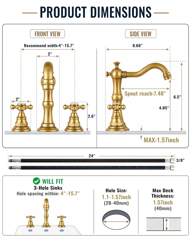 Alt view image 6 of 7 - Bathroom Faucet 3 Hole Vintage, Antique Brass, Hot Cold Label | Widespread Bathroom Sink Faucet 8 Inch 2 Cross Handles,Pop Up Drain,cUPC Supply Line,4-15.7 Install,for Vanity Farmhouse RV