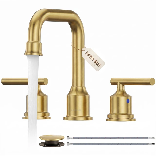 Main image of Gold Bathroom Faucet 3 Hole, Widespread Vanity Sink Faucets 8 Inch | Copper Inlet Brushed Gold Faucet for Bathroom Sink with Swivel Spout, 2 Handles Lavatory Tap with Drain and cUPC Supply Line
