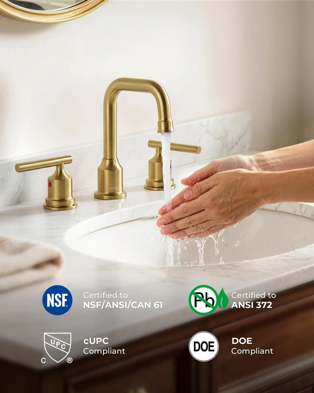 Alt view image 4 of 7 - Gold Bathroom Faucet 3 Hole, Widespread Vanity Sink Faucets 8 Inch | Copper Inlet Brushed Gold Faucet for Bathroom Sink with Swivel Spout, 2 Handles Lavatory Tap with Drain and cUPC Supply Line