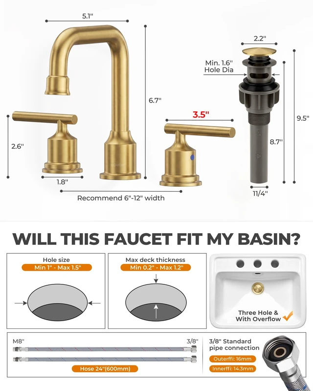 Alt view image 6 of 7 - Gold Bathroom Faucet 3 Hole, Widespread Vanity Sink Faucets 8 Inch | Copper Inlet Brushed Gold Faucet for Bathroom Sink with Swivel Spout, 2 Handles Lavatory Tap with Drain and cUPC Supply Line