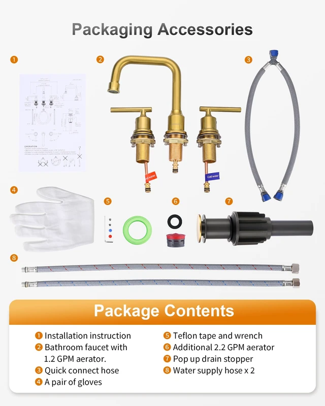 Alt view image 7 of 7 - Gold Bathroom Faucet 3 Hole, Widespread Vanity Sink Faucets 8 Inch | Copper Inlet Brushed Gold Faucet for Bathroom Sink with Swivel Spout, 2 Handles Lavatory Tap with Drain and cUPC Supply Line