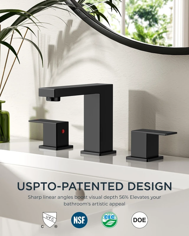 Alt view image 2 of 7 - Matte Black Bathroom Sink Faucet 3 Hole 8 Inch Widespread 2 Handle | All Required Install Parts Included, Separate HotCold Control, 95° Spout Cuts Splash By 49%, Black Bathroom Faucet 3 Hole