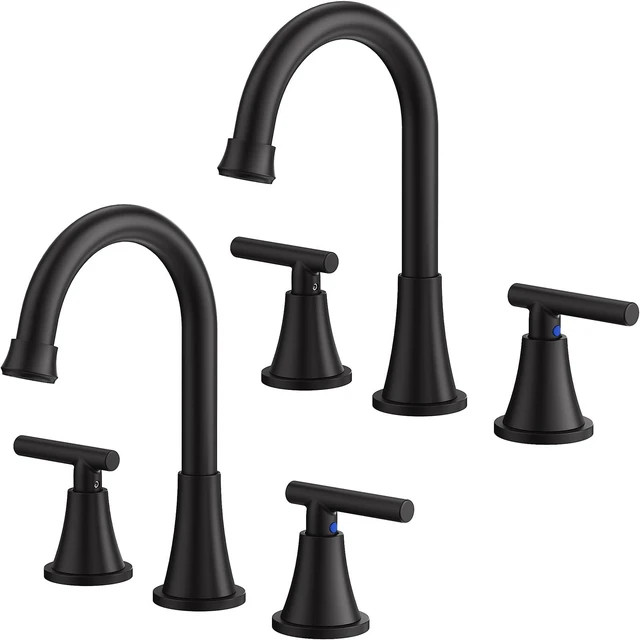 Main image of Bathroom Faucet 3 Hole, Matte Black Faucets with Drain and Supply Lines | Stainless Steel Lead-Free Widespread Bathroom Sink Faucet for Vanity RV Restroom Laundry Outdoor Camper, 2 Pack