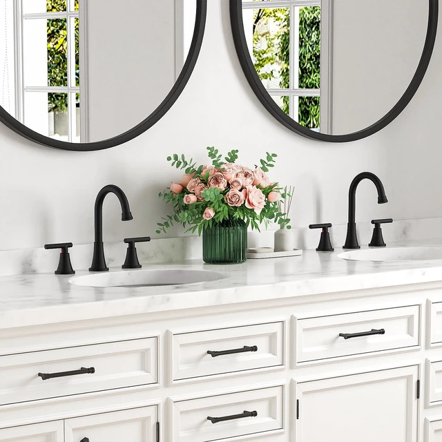 Alt view image 7 of 7 - Bathroom Faucet 3 Hole, Matte Black Faucets with Drain and Supply Lines | Stainless Steel Lead-Free Widespread Bathroom Sink Faucet for Vanity RV Restroom Laundry Outdoor Camper, 2 Pack