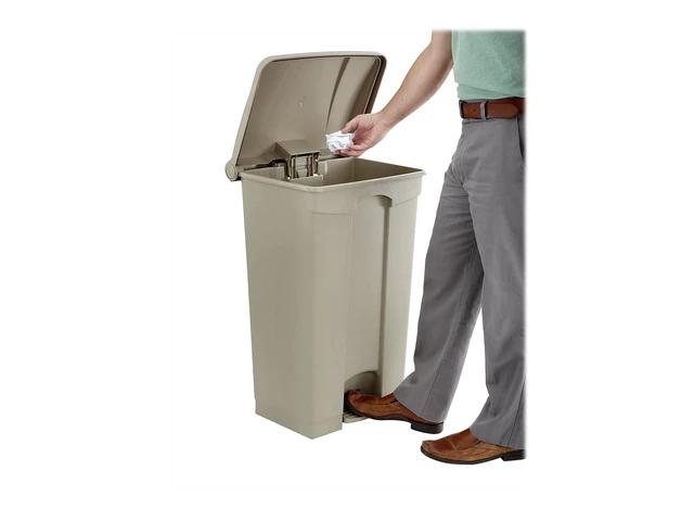 Alt view image 3 of 3 - Step On Plastic Trash Can with Foot Pedal, 23 Gallon Garbage Can for Kitchen, Indoor or Outdoor Use, Hands Free, Tan