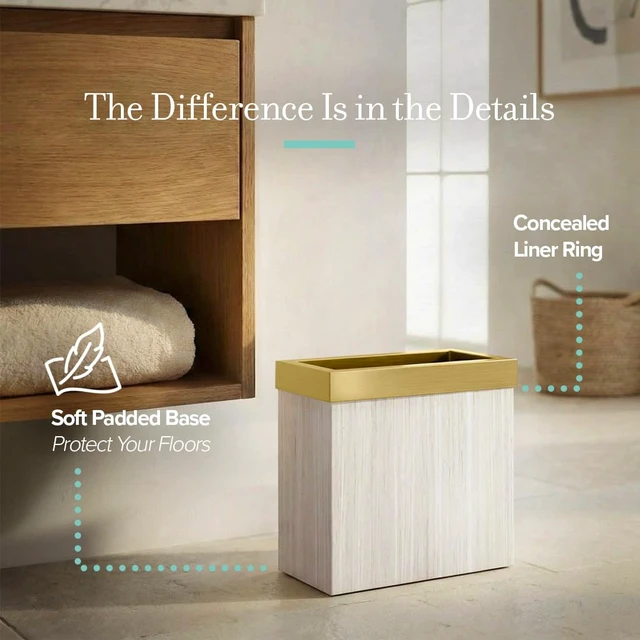 Alt view image 3 of 6 - Modern Rectangle Wastebasket, White Oak/Brushed Brass Lid - Stainless Steel Trash Can with Removable Lid, Leakproof, 3 Gallon Capacity for Bathroom, Bedroom, Kitchen, or Office