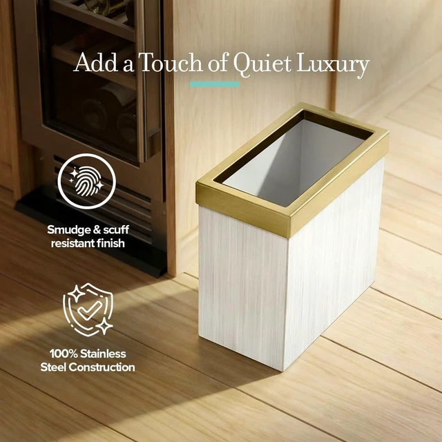 Alt view image 4 of 6 - Modern Rectangle Wastebasket, White Oak/Brushed Brass Lid - Stainless Steel Trash Can with Removable Lid, Leakproof, 3 Gallon Capacity for Bathroom, Bedroom, Kitchen, or Office