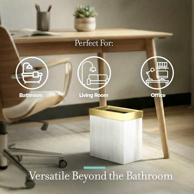 Alt view image 5 of 6 - Modern Rectangle Wastebasket, White Oak/Brushed Brass Lid - Stainless Steel Trash Can with Removable Lid, Leakproof, 3 Gallon Capacity for Bathroom, Bedroom, Kitchen, or Office