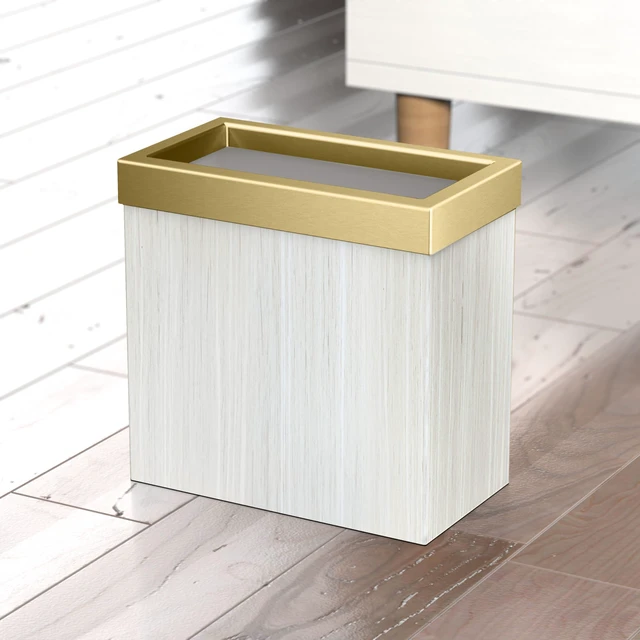 Alt view image 2 of 6 - Modern Rectangle Wastebasket, White Oak/Brushed Brass Lid - Stainless Steel Trash Can with Removable Lid, Leakproof, 3 Gallon Capacity for Bathroom, Bedroom, Kitchen, or Office