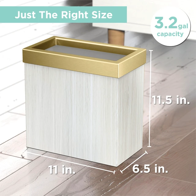 Alt view image 6 of 6 - Modern Rectangle Wastebasket, White Oak/Brushed Brass Lid - Stainless Steel Trash Can with Removable Lid, Leakproof, 3 Gallon Capacity for Bathroom, Bedroom, Kitchen, or Office