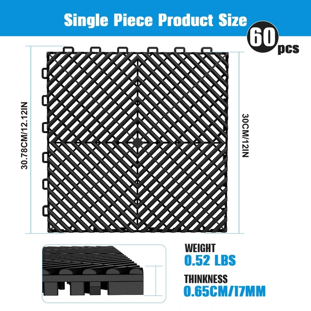 Alt view image 2 of 7 - 60-Pcs Interlocking Tile, 12" x 12" Indoor/Outdoor Self-Drainage Interlocking Floor Tiles, Non-Slip Heavy-Duty Polypropylene Splicing Flooring Tile for Garage Patio Pool Bathroom, Black