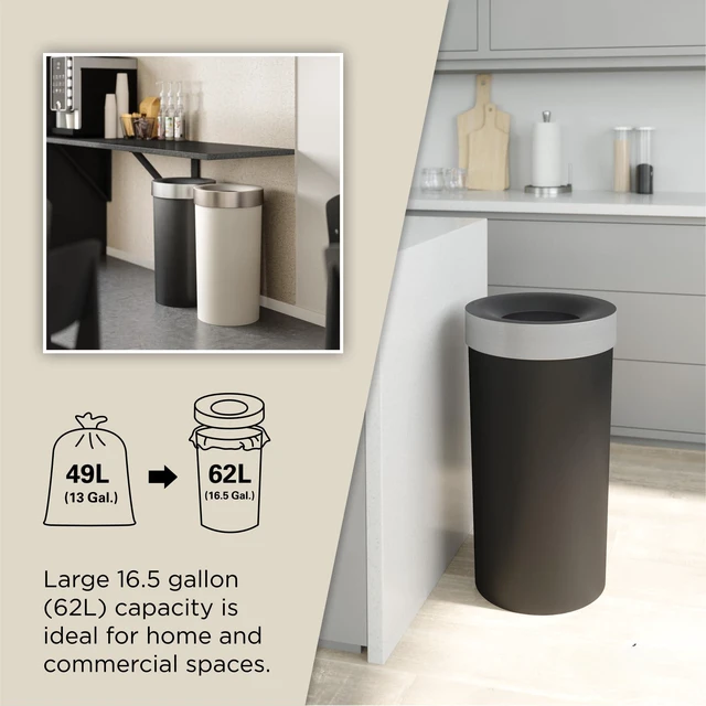Alt view image 5 of 6 - Vento Kitchen Trash Can, Open Top Bin, 16.5 Gallon, Black/Nickel | Brushed metal accents, bag concealing design, easy wipe clean, fits home and office, durable plastic