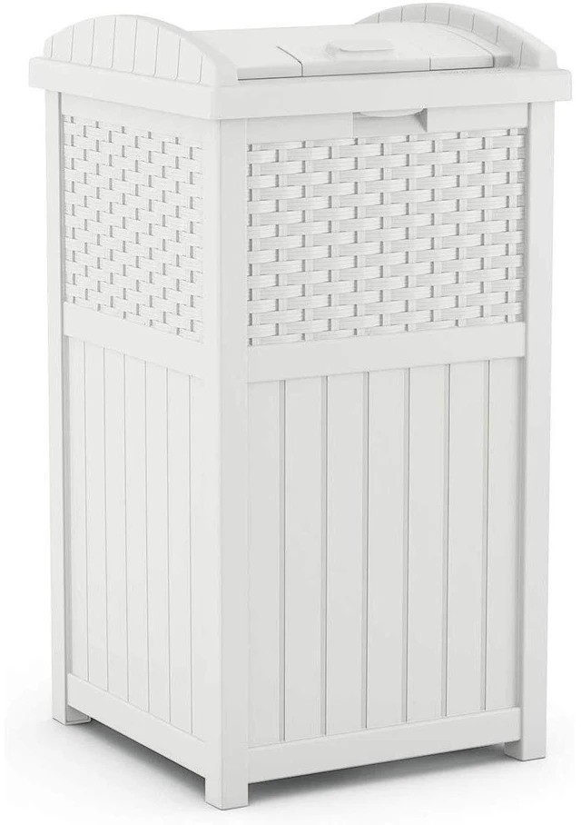 Main image of Hideaway Outdoor Trash Can with Lid - 30 Gallon Trash Can, White, Decorative Wicker-Style Garbage Bin, Weather-Resistant Resin, Fits 30-33 Gallon Bags, Ideal for Patio & Yard, Made in USA