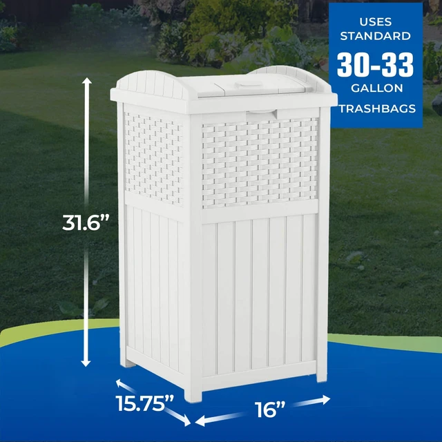 Alt view image 2 of 6 - Hideaway Outdoor Trash Can with Lid - 30 Gallon Trash Can, White, Decorative Wicker-Style Garbage Bin, Weather-Resistant Resin, Fits 30-33 Gallon Bags, Ideal for Patio & Yard, Made in USA