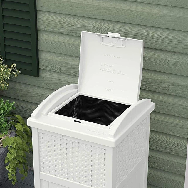 Alt view image 3 of 6 - Hideaway Outdoor Trash Can with Lid - 30 Gallon Trash Can, White, Decorative Wicker-Style Garbage Bin, Weather-Resistant Resin, Fits 30-33 Gallon Bags, Ideal for Patio & Yard, Made in USA