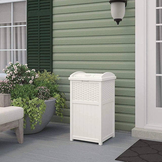Alt view image 4 of 6 - Hideaway Outdoor Trash Can with Lid - 30 Gallon Trash Can, White, Decorative Wicker-Style Garbage Bin, Weather-Resistant Resin, Fits 30-33 Gallon Bags, Ideal for Patio & Yard, Made in USA
