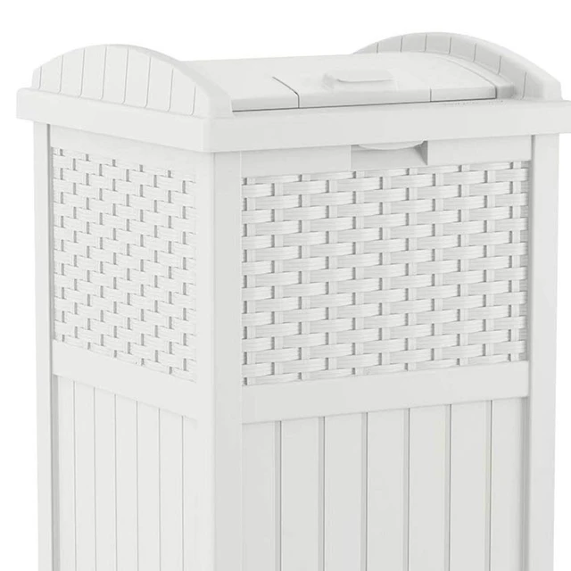 Alt view image 5 of 6 - Hideaway Outdoor Trash Can with Lid - 30 Gallon Trash Can, White, Decorative Wicker-Style Garbage Bin, Weather-Resistant Resin, Fits 30-33 Gallon Bags, Ideal for Patio & Yard, Made in USA
