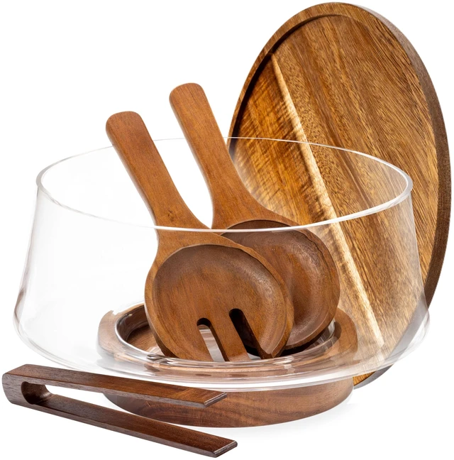 Main image of Large Glass Salad Bowl with Lid Set, 5.7 L Decorative Glass Mixing Bowl, Trifle and Serving Bowls with Lids as Cheese Charcuterie Board and Plate, Comes with Wood Serving Utensils