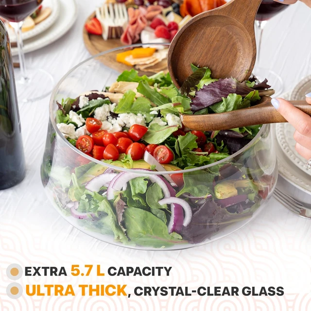 Alt view image 3 of 7 - Large Glass Salad Bowl with Lid Set, 5.7 L Decorative Glass Mixing Bowl, Trifle and Serving Bowls with Lids as Cheese Charcuterie Board and Plate, Comes with Wood Serving Utensils