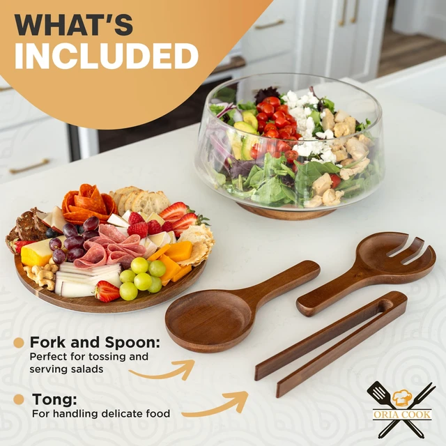 Alt view image 2 of 7 - Large Glass Salad Bowl with Lid Set, 5.7 L Decorative Glass Mixing Bowl, Trifle and Serving Bowls with Lids as Cheese Charcuterie Board and Plate, Comes with Wood Serving Utensils
