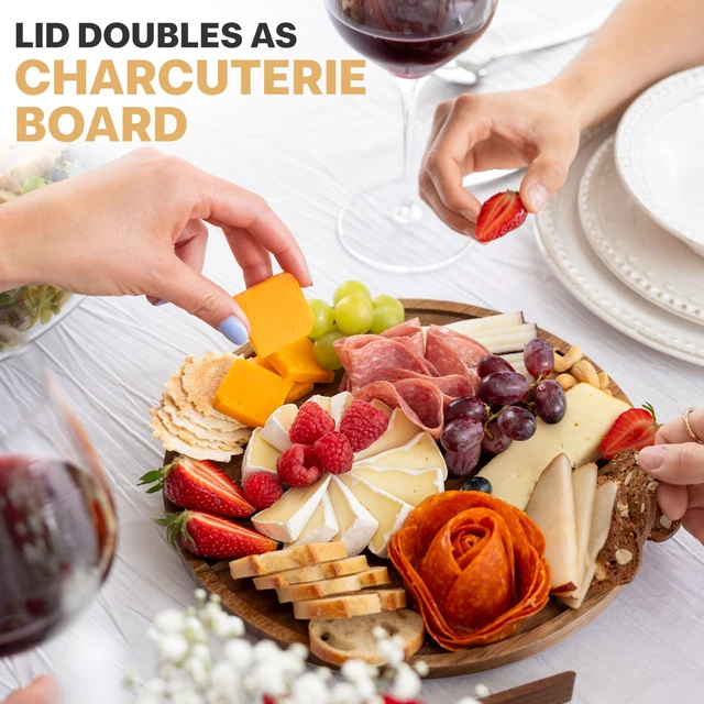 Alt view image 4 of 7 - Large Glass Salad Bowl with Lid Set, 5.7 L Decorative Glass Mixing Bowl, Trifle and Serving Bowls with Lids as Cheese Charcuterie Board and Plate, Comes with Wood Serving Utensils