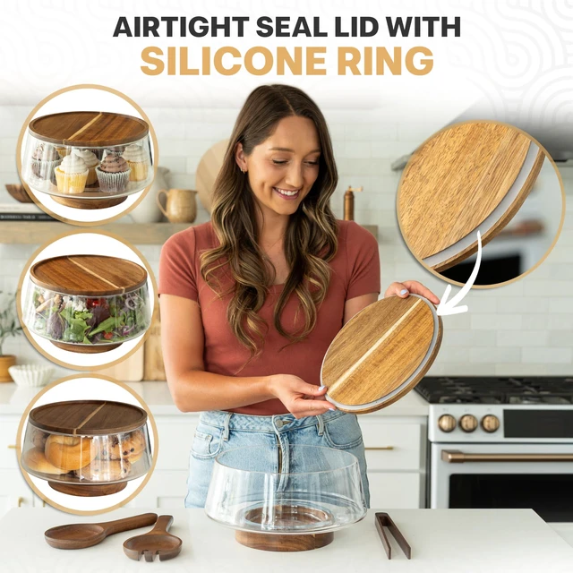 Alt view image 5 of 7 - Large Glass Salad Bowl with Lid Set, 5.7 L Decorative Glass Mixing Bowl, Trifle and Serving Bowls with Lids as Cheese Charcuterie Board and Plate, Comes with Wood Serving Utensils