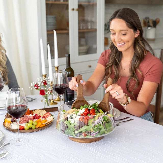 Alt view image 7 of 7 - Large Glass Salad Bowl with Lid Set, 5.7 L Decorative Glass Mixing Bowl, Trifle and Serving Bowls with Lids as Cheese Charcuterie Board and Plate, Comes with Wood Serving Utensils