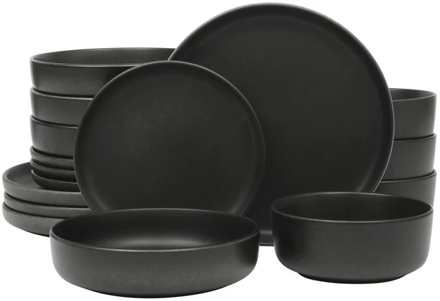 Main image of Pasco 16 Piece (Service for 4) Plates and Bowls Double Bowl Reactive Glaze Dishes Stoneware Ceramic Dinnerware Set - Black