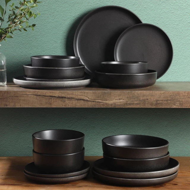 Alt view image 2 of 5 - Pasco 16 Piece (Service for 4) Plates and Bowls Double Bowl Reactive Glaze Dishes Stoneware Ceramic Dinnerware Set - Black