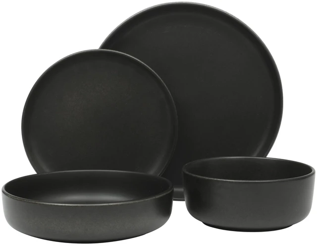 Alt view image 4 of 5 - Pasco 16 Piece (Service for 4) Plates and Bowls Double Bowl Reactive Glaze Dishes Stoneware Ceramic Dinnerware Set - Black
