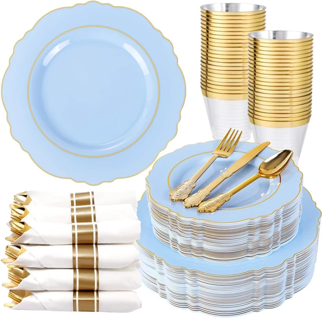 Main image of 350PCS Blue Plastic Plates - Disposable Blue and Gold Plates 50guest Baroque Plastic Dinnerware include 100Plates, 50Pack Pre Rolled Napkins with Silverware 50Cups for Wedding&Party