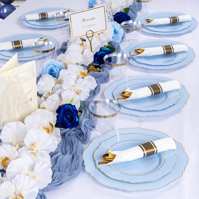Alt view image 2 of 7 - 350PCS Blue Plastic Plates - Disposable Blue and Gold Plates 50guest Baroque Plastic Dinnerware include 100Plates, 50Pack Pre Rolled Napkins with Silverware 50Cups for Wedding&Party